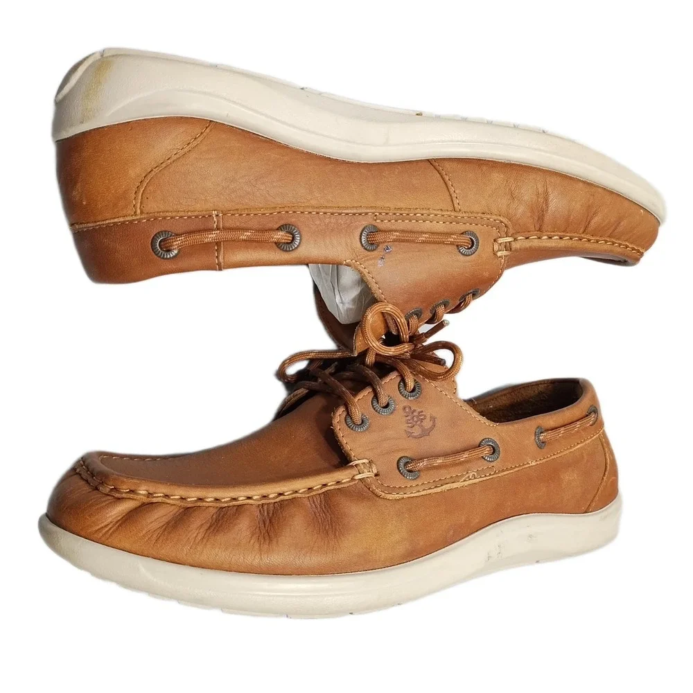 SAS Decksider Boat Shoes Men 11.5M Brown White Comfort Footbed Lace Up Round Toe